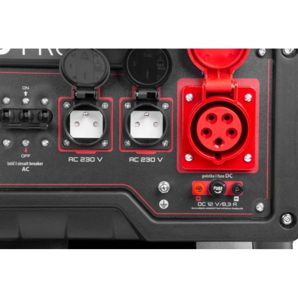 Benzinmotoros áramfejlesztő, Strend Pro Garden KM8000-A, piros/fekete, 8000 W, benzinmotoros, teljesítmény: 6,5/6,0 kW, üzemanyagtartály: 25 l, kimenetek: 2 × 230 V / 16 A, 1 × 400 V / 32 A, 12 V DC, 97 dB, AVR, kerekes