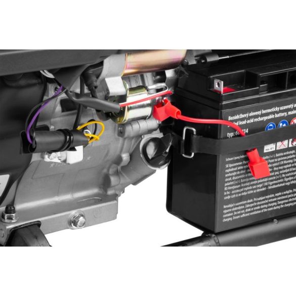 Benzinmotoros áramfejlesztő, Strend Pro Garden KM8000-A, piros/fekete, 8000 W, benzinmotoros, teljesítmény: 6,5/6,0 kW, üzemanyagtartály: 25 l, kimenetek: 2 × 230 V / 16 A, 1 × 400 V / 32 A, 12 V DC, 97 dB, AVR, kerekes