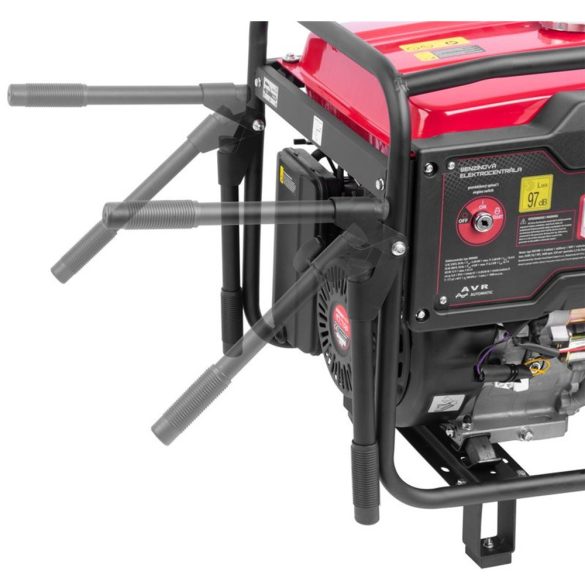 Benzinmotoros áramfejlesztő, Strend Pro Garden KM8000-A, piros/fekete, 8000 W, benzinmotoros, teljesítmény: 6,5/6,0 kW, üzemanyagtartály: 25 l, kimenetek: 2 × 230 V / 16 A, 1 × 400 V / 32 A, 12 V DC, 97 dB, AVR, kerekes