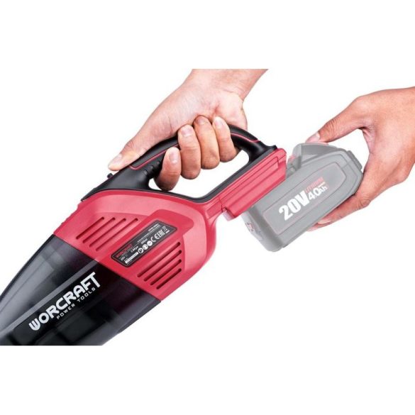 Akkumulátoros autós porszívó, Worcraft CPVC-S20Li ShareSYS, piros/fekete, 3,8 kPa, tartály: 500 ml, 20 V Li-Ion, akkumulátor és töltő nélkül