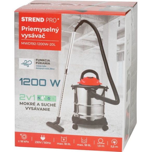 Ipari száraz-nedves porszívó, Strend Pro MWD192, ezüst/fekete, 1200 W, 18 kPa, tartály: 20 l, 1,5 m szívótömlő, rozsdamentes acél tartály