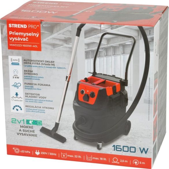 Ipari száraz-nedves porszívó, Strend Pro MWD223, fekete, 1600 W, tartály: 40 l, HEPA szűrő