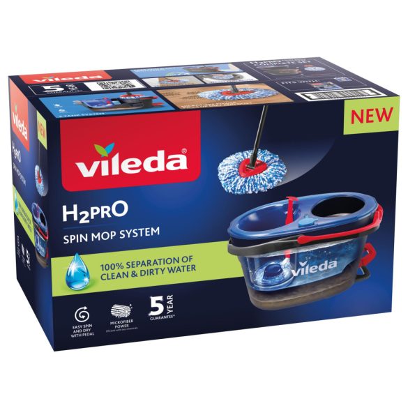 Felmosó szett, Vileda H2Pro, pedálos, kétkamrás vödörrel, forgó, mikroszálas fej, háromszög fej, mosógépben mosható