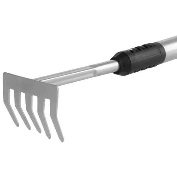 Kerti gereblye, Strend Pro Garden Herrison 615G1, ezüst-fekete, 5 fogú, acél fej, 9 cm munkaszélesség, 70-120 cm nyél, teleszkópos nyél