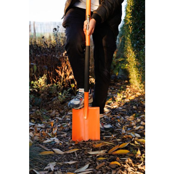 Ásó, Strend Pro Garden, 120 cm, egyenes fej, narancssárga, acél fej, acél nyél, D markolat, hegesztett fej-nyél kapcsolat