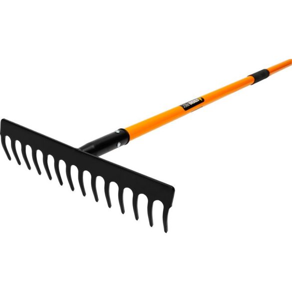 Kerti gereblye, Strend Pro Garden, fekete/sárga, 14 fogú, acél fej, üvegszálas nyél, 34,5 cm munkaszélesség, 136 cm nyél