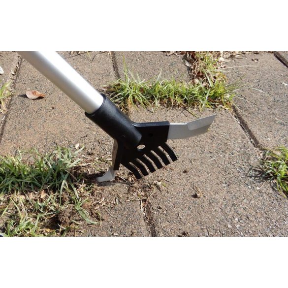 Kerti gyomeltávolító, Strend Pro Premium, ezüst, 135 cm, alumínium nyél, dupla fej, acél kés, gereblye, teleszkópos, járda, térkő és autóbehajtó fugaközökhöz