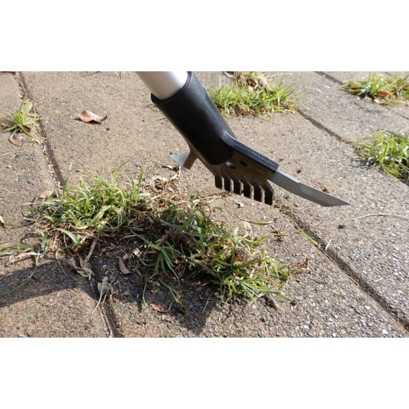 Kerti gyomeltávolító, Strend Pro Premium, ezüst, 135 cm, alumínium nyél, dupla fej, acél kés, gereblye, teleszkópos, járda, térkő és autóbehajtó fugaközökhöz