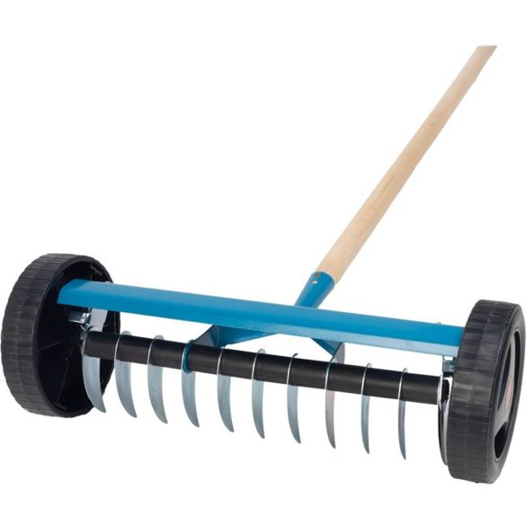 Kerti gereblye, Strend Pro Garden R152W, kék, 11 fogú, acél fej, fa nyél, gyomtalanításhoz, gyepszellőztető, kerekekkel