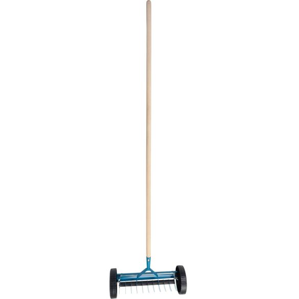 Kerti gereblye, Strend Pro Garden R152W, kék, 11 fogú, acél fej, fa nyél, gyomtalanításhoz, gyepszellőztető, kerekekkel
