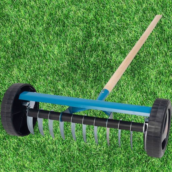 Kerti gereblye, Strend Pro Garden R152W, kék, 11 fogú, acél fej, fa nyél, gyomtalanításhoz, gyepszellőztető, kerekekkel