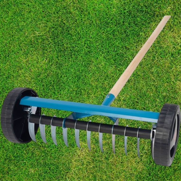 Kerti gereblye, Strend Pro Garden R152W, kék, 11 fogú, acél fej, fa nyél, gyomtalanításhoz, gyepszellőztető, kerekekkel