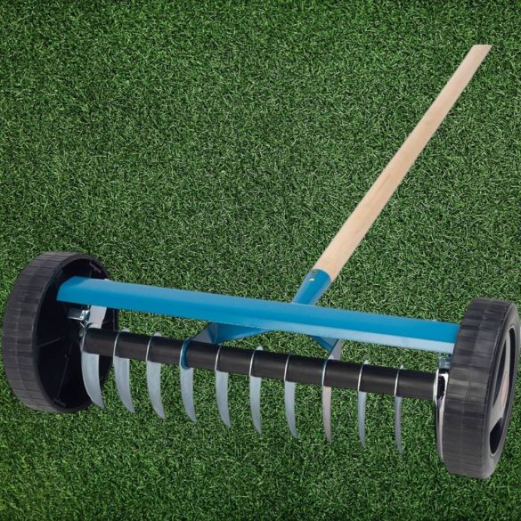 Kerti gereblye, Strend Pro Garden R152W, kék, 11 fogú, acél fej, fa nyél, gyomtalanításhoz, gyepszellőztető, kerekekkel