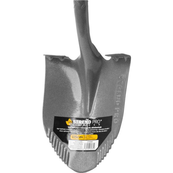 Ásó, Strend Pro Garden Premium ErgoBULL, 115 cm, hegyes fej, szürke/fekete, acél fej, üvegszálas nyél, D markolat, fogazott él, bordázott, vízelvezető kialakítás