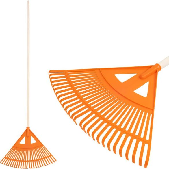 Lombseprű, gereblye, Strend Pro Garden R130, narancssárga, 27 fogú, műanyag fej, fa nyél, 58 cm munkaszélesség, 160 cm nyél