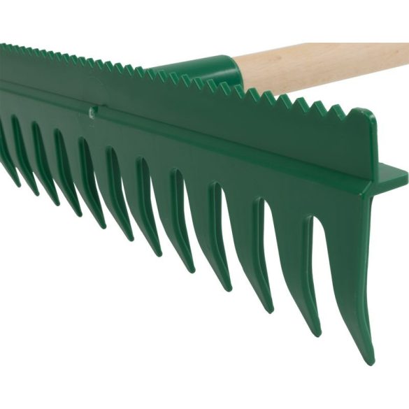 Kerti gereblye, Strend Pro Garden R140, zöld, 13 fogú, műanyag fej, fa nyél, 40 cm munkaszélesség, 155 cm nyél, kétoldalas, simító éllel