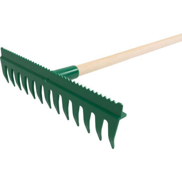 Kerti gereblye, Strend Pro Garden R140, zöld, 13 fogú, műanyag fej, fa nyél, 40 cm munkaszélesség, 155 cm nyél, kétoldalas, simító éllel