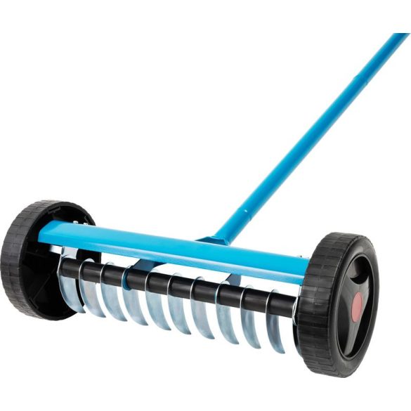 Kerti gereblye, Strend Pro Garden, kék/fekete, 11 fogú, acél fej, fém nyél, 34 cm munkaszélesség, 130 cm nyél, gyomtalanításhoz, gyepszellőztető, kerekekkel