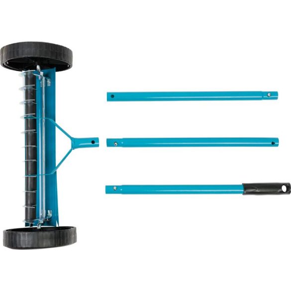 Kerti gereblye, Strend Pro Garden, kék/fekete, 11 fogú, acél fej, fém nyél, 34 cm munkaszélesség, 130 cm nyél, gyomtalanításhoz, gyepszellőztető, kerekekkel