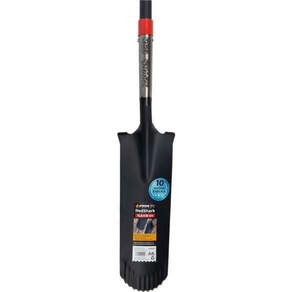 Ásó, Strend Pro Premium RedShark, 128 cm, keskeny fej, fekete/piros, acél fej, üvegszálas nyél, D markolat, fogazott él, bordázott, csatornázó