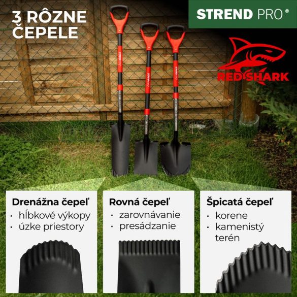 Ásó, Strend Pro Premium RedShark, 115 cm, egyenes fej, fekete, acél fej, fa nyél, D markolat, fogazott él, bordázott