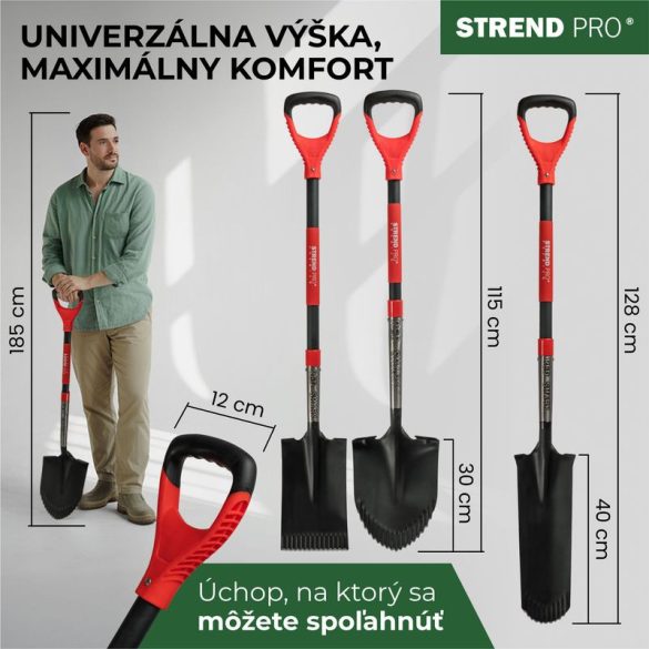Ásó, Strend Pro Premium RedShark, 115 cm, egyenes fej, fekete, acél fej, fa nyél, D markolat, fogazott él, bordázott