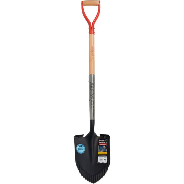 Ásó, Strend Pro Premium RedShark, 115 cm, hegyes fej, fekete, acél fej, fa nyél, D markolat, fogazott él, bordázott