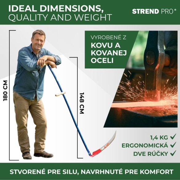 Kaszanyél, Strend Pro Garden, 145 cm, kék, porfestett acél, 2 fa markolat, korrózióálló, univerzális csatlakozás