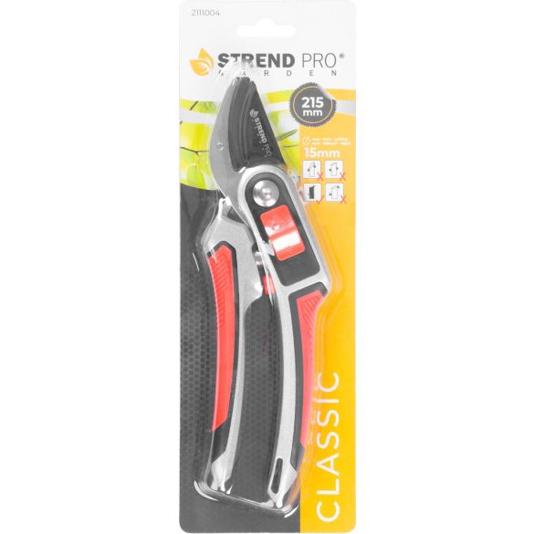 Metszőolló, Strend Pro Garden PS814, szürke/piros, 215 mm, alumínium test, acél penge, maximum 15 mm átmérő