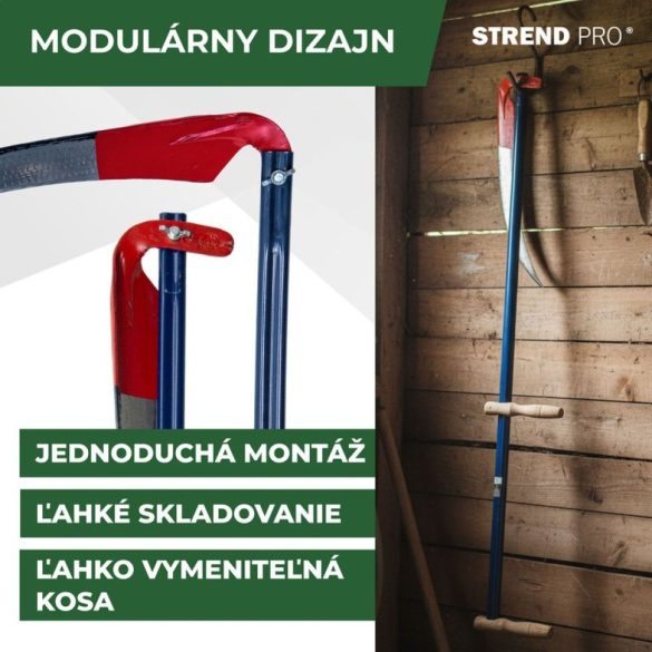 Kasza, Strend Pro Garden Sobol, 70 cm, piros védőfestés, kék nyél, kovácsolt acél, hagyományos kivitel, íves, hegyes végű penge, kézi használatra, 145 cm fém nyél, 1 fa  markolat