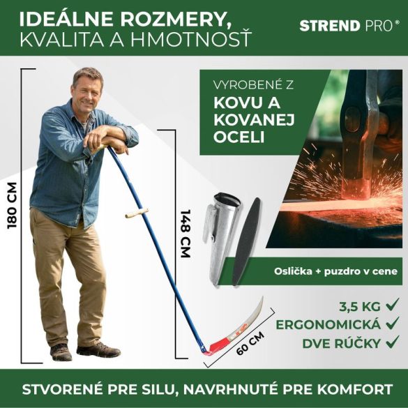 Kasza, Strend Pro Garden Euro 600, 60 cm, piros védőfestés, kék nyél, kovácsolt acél, hagyományos kivitel, íves, hegyes végű penge, kézi használatra, 145 cm fém nyél, 2 fa markolat