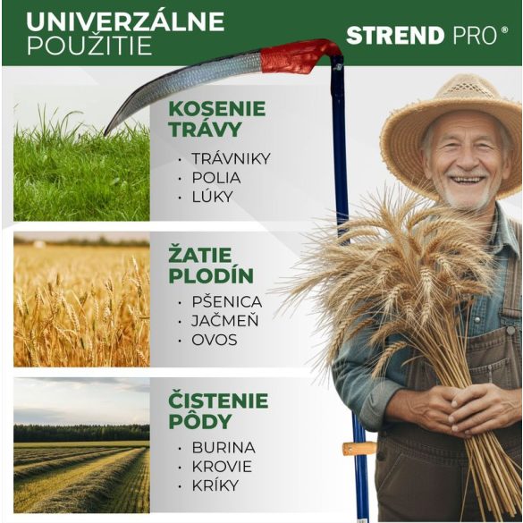Kasza, Strend Pro Garden Euro 600, 60 cm, piros védőfestés, kék nyél, kovácsolt acél, hagyományos kivitel, íves, hegyes végű penge, kézi használatra, 145 cm fém nyél, 2 fa markolat
