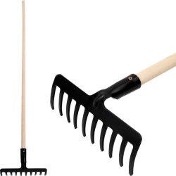   Kerti gereblye, Strend Pro Premium R-606, fekete, 10 fogú, acél fej, fa nyél, 26 cm munkaszélesség, 154 cm nyél