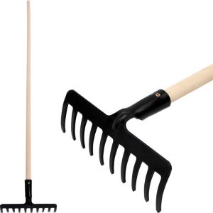 Kerti gereblye, Strend Pro Premium R-606, fekete, 10 fogú, acél fej, fa nyél, 26 cm munkaszélesség, 154 cm nyél