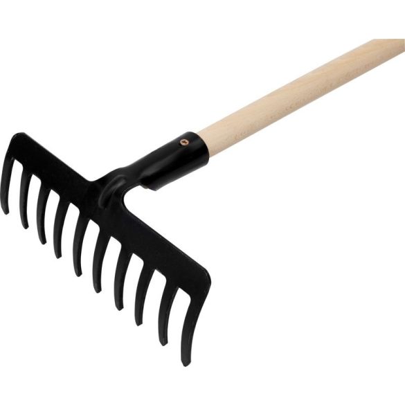 Kerti gereblye, Strend Pro Premium R-606, fekete, 10 fogú, acél fej, fa nyél, 26 cm munkaszélesség, 154 cm nyél