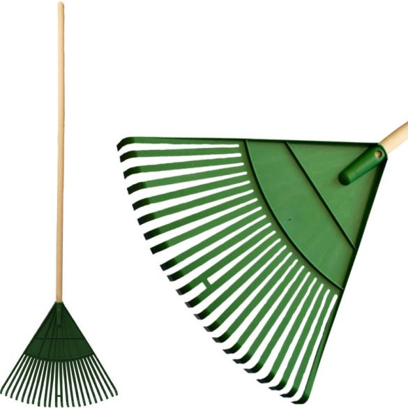 Lombseprű, gereblye, Strend Pro Garden, zöld, 22 fogú, műanyag fej, fa nyél, 49 cm munkaszélesség, 164,5 cm nyél