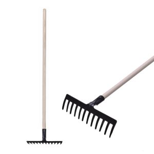 Kerti gereblye, Strend Pro Premium R-606, fekete, 12 fogú, acél fej, fa nyél, 34 cm munkaszélesség, 154 cm nyél