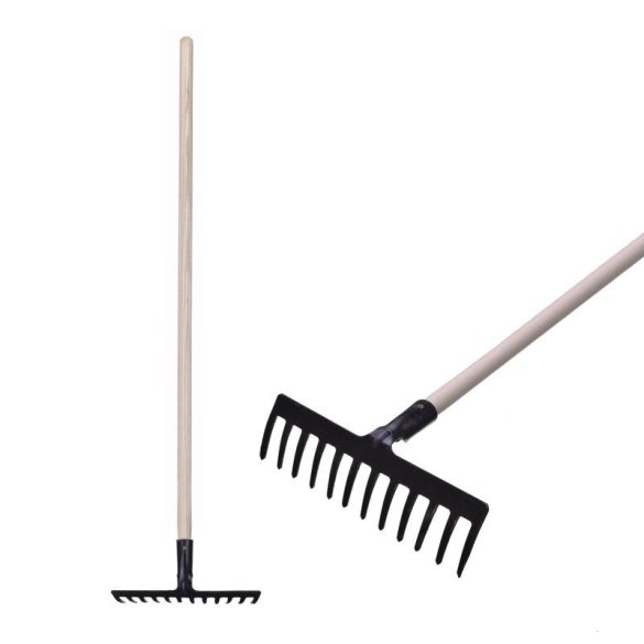 Kerti gereblye, Strend Pro Premium R-606, fekete, 12 fogú, acél fej, fa nyél, 34 cm munkaszélesség, 154 cm nyél