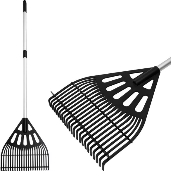 Lombseprű, gereblye, Strend Pro Garden DLR-810, fekete/ezüst, 22 fogú, műanyag fej, alumínium nyél, 31 cm munkaszélesség, 104-136 cm nyél, teleszkópos nyél