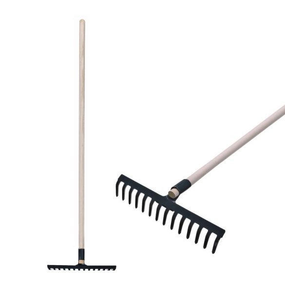 Kerti gereblye, Strend Pro Garden, fekete, 14 fogú, acél fej, fa nyél, 34,5 cm munkaszélesség, 160 cm nyél