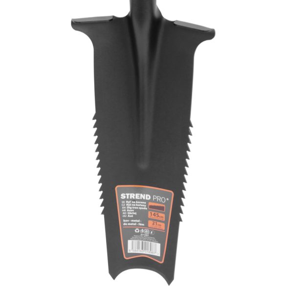 Ásó, Strend Pro Garden MW1-4ML, keskeny fej, fekete, acél fej, fogazott él, csatornázó