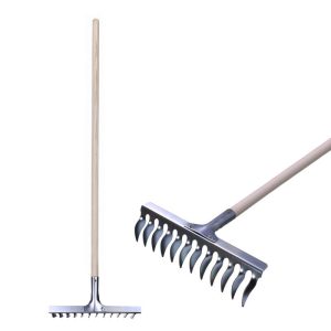 Kerti gereblye, Strend Pro Garden R108A.WH, ezüst, 12 fogú, acél fej, fa nyél, 33 cm munkaszélesség, 160 cm nyél, gyepszellőztető