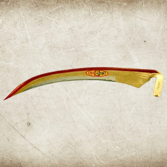 Kaszapenge, Styria 55, 70 cm, ezüst, kovácsolt acél, hagyományos kivitel, íves, hegyes végű, kézi használatra, nyél nélkül