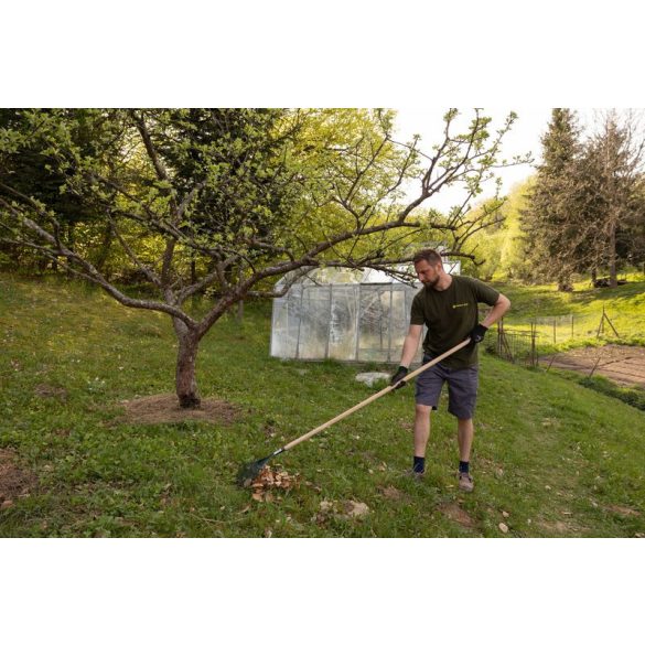 Lombseprű, gereblye, Strend Pro Garden, sötétzöld, 22 fogú, acél fej, fa nyél, 43 cm munkaszélesség, 192 cm nyél