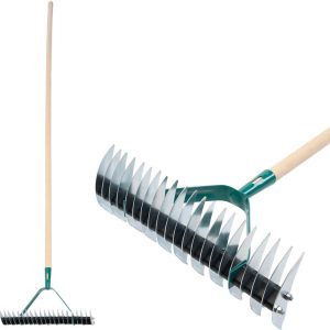 Kerti gereblye, Strend Pro Garden R1151, 11/21 fogú, acél fej, fa nyél, 35,5 cm munkaszélesség, 177,5 cm nyél, gyepszellőztető, mohaeltávolításhoz, kétoldalas