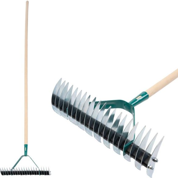 Kerti gereblye, Strend Pro Garden R1151, 11/21 fogú, acél fej, fa nyél, 35,5 cm munkaszélesség, 177,5 cm nyél, gyepszellőztető, mohaeltávolításhoz, kétoldalas