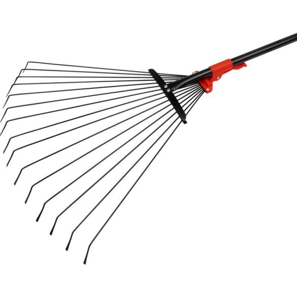 Lombseprű, gereblye, Strend Pro Garden R114, fekete/piros, 15 fogú, acél fej, fém nyél, 19-59 cm munkaszélesség, 79–160 cm nyél, állítható szélesség, teleszkópos nyél