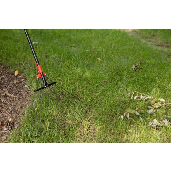 Lombseprű, gereblye, Strend Pro Garden R114, fekete/piros, 15 fogú, acél fej, fém nyél, 19-59 cm munkaszélesség, 79–160 cm nyél, állítható szélesség, teleszkópos nyél