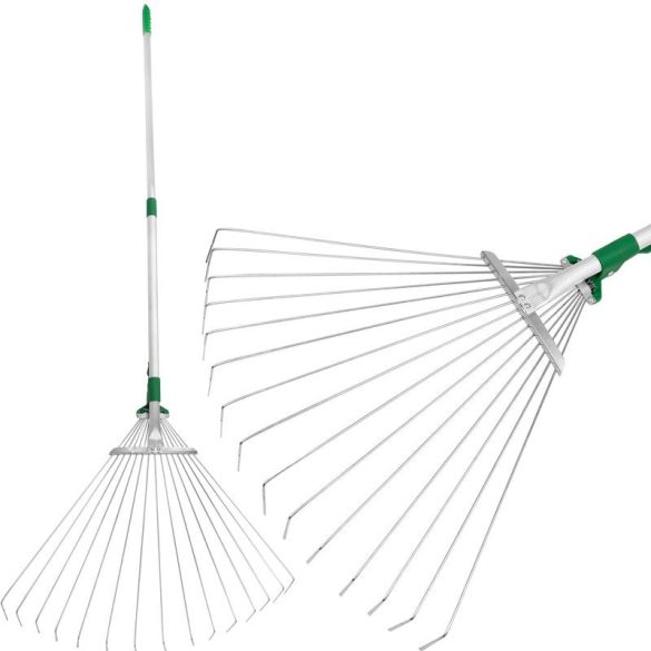 Lombseprű, gereblye, Strend Pro Garden, ezüst, 15 fogú, acél fej, alumínium nyél, 19-54 cm munkaszélesség, 78–158 cm nyél, állítható szélesség, teleszkópos nyél