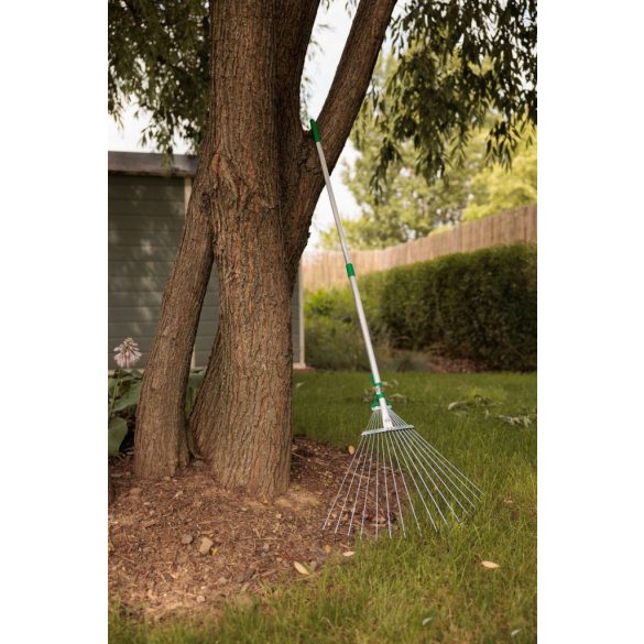 Lombseprű, gereblye, Strend Pro Garden, ezüst, 15 fogú, acél fej, alumínium nyél, 19-54 cm munkaszélesség, 78–158 cm nyél, állítható szélesség, teleszkópos nyél